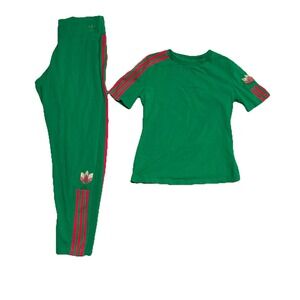 Adidas Womens Adicolor 3D Trefoil Matching Leggings Set Green Red Stripe Size 14